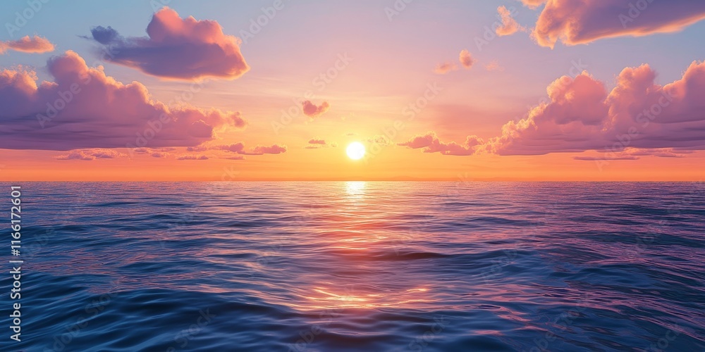 Obraz premium Stunning Sunset Over Calm Ocean Waters With Vibrant Sky and Gentle Waves at Dusk