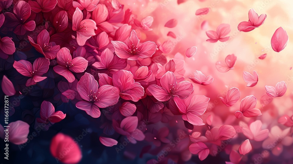 Fototapeta premium Beautiful Pink Cherry Blossoms Fill the Air During Springtime, Creating a Serene and Vibrant Atmosphere in a Lush Garden Setting