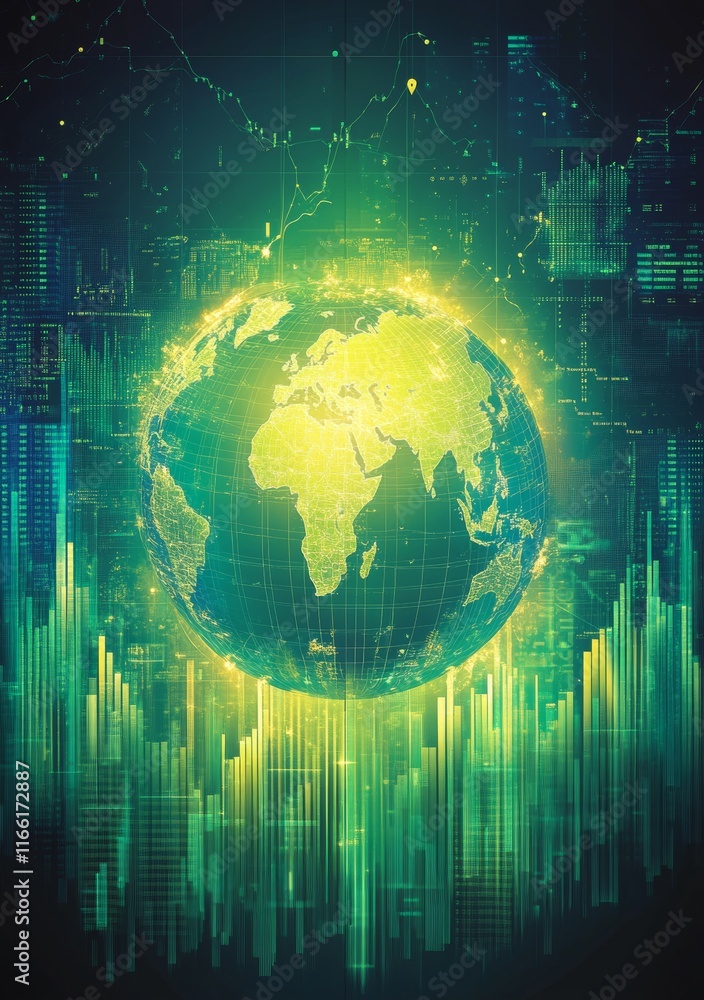 Digital Representation of Earth With a Glowing Green Overlay Showcasing Data Visualization in a Futuristic Setting Digital Representation of Earth With a Glowing Green Overlay Showcasing Data Visualization in a Futuristic Setting