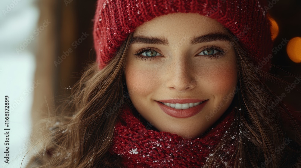 A captivating portrait of a young person bundled in warm winter clothing, featuring a red knit hat and scarf amidst a snowy backdrop, with a joyful and inviting expression. A captivating portrait of a young person bundled in warm winter clothing, featuring a red knit hat and scarf amidst a snowy backdrop, with a joyful and inviting expression.