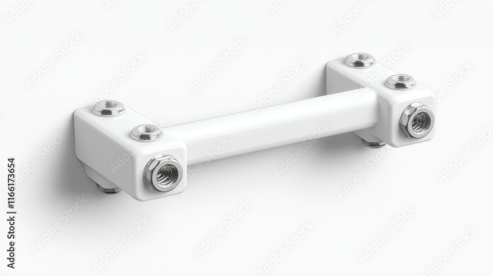 White metal part with screws and threaded holes. White metal part with screws and threaded holes.