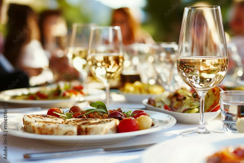 A sophisticated table setting filled with gourmet food and wine, exuding elegance. A sophisticated table setting filled with gourmet food and wine, exuding elegance.