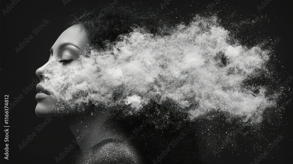 Woman with dissolving face into white dust. Woman with dissolving face into white dust.