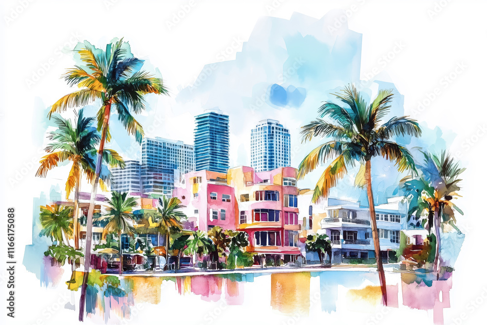 Fototapeta premium Watercolor illustration of Miami's colorful Art Deco buildings and palm trees