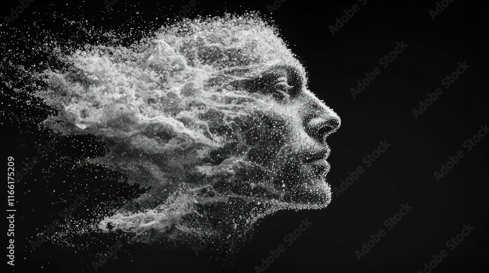 Woman's face dissolving into particles. Woman's face dissolving into particles.