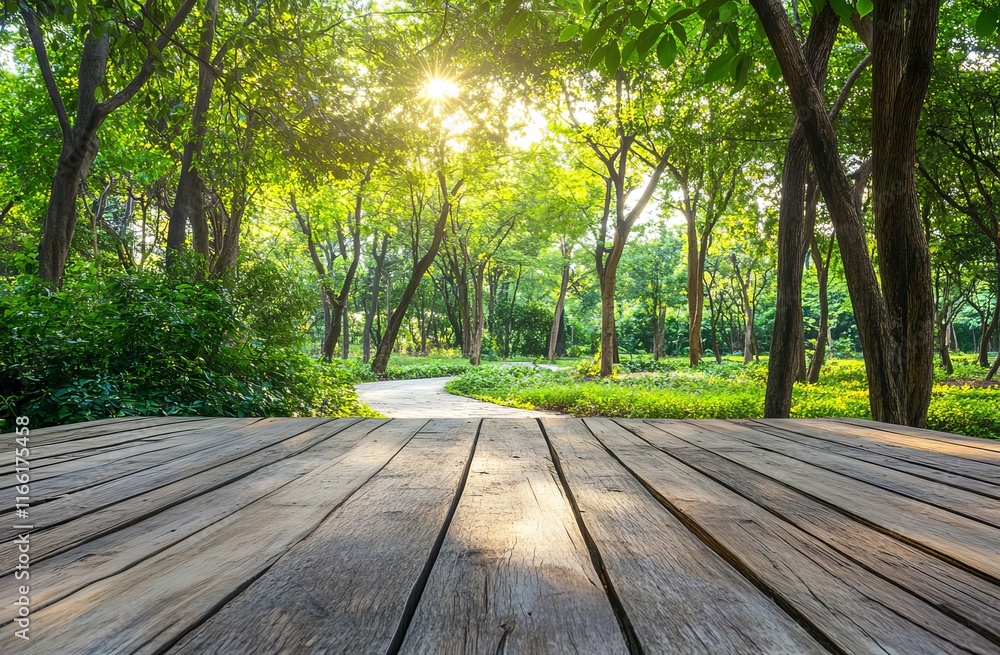 Fototapeta premium Sunlight Filters Through Trees Along a Winding Path in a Serene Green Park, Capturing the Beauty of Nature in the Early Morning Light