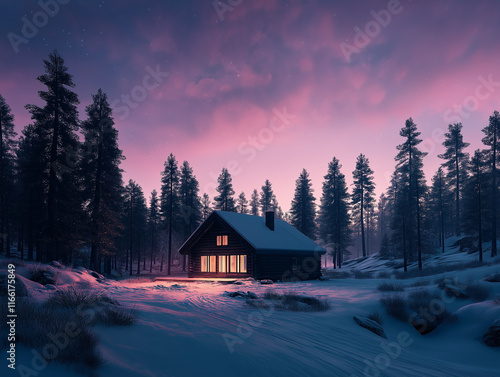 Gemütliche Hütte im tiefen Winterwald mit schimmerndem Licht

 photo