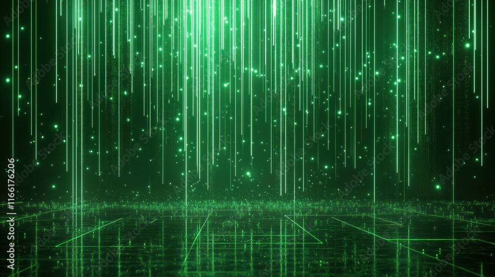 Abstract neon green lines fall from dark space. Dynamic pattern. Tech futuristic style. Modern glow effect. Elegant graphic design. Bright shining lines. Dark backdrop. Dynamic motion. Festive. Abstract neon green lines fall from dark space. Dynamic pattern. Tech futuristic style. Modern glow effect. Elegant graphic design. Bright shining lines. Dark backdrop. Dynamic motion. Festive.