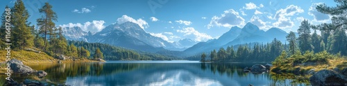 Serene Lake Reflects Majestic Mountains Under Clear Blue Sky During a Tranquil Day in a Remote Wilderness Area