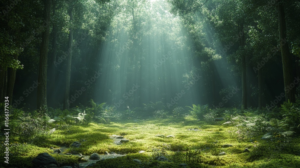 Obraz premium Sunlight Filters Through Trees Illuminating a Serene Forest Clearing Filled With Lush Greenery and Soft Moss