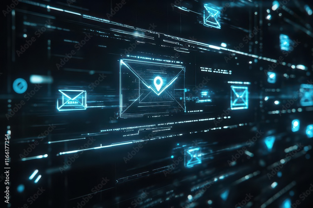 futuristic email notification concept with glowing icons in dark space futuristic email notification concept with glowing icons in dark space