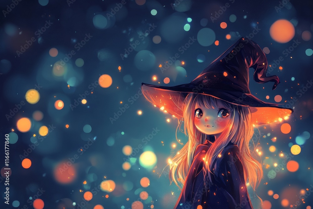 Magical Witch Girl Surrounded by Glowing Orbs in a Dreamy Night Setting With a Mystical Atmosphere Magical Witch Girl Surrounded by Glowing Orbs in a Dreamy Night Setting With a Mystical Atmosphere