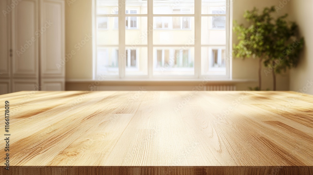 Fototapeta premium Bright and Airy Interior With Wooden Table and Large Windows Letting in Natural Light
