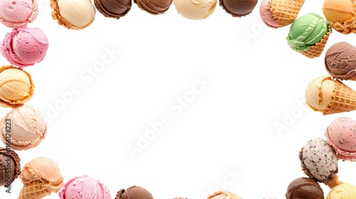 Variety of Colorful Ice Cream Scoops Arranged in a Circular Pattern With Space in the Center for a Message or Decoration During Summer Celebrations