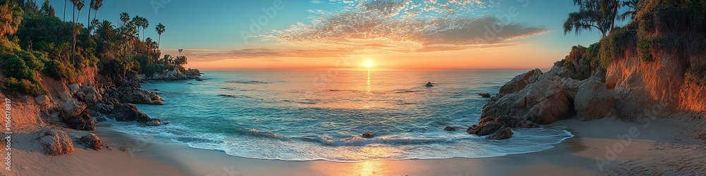 Fototapeta premium Sunset Over Tranquil Beach With Gentle Waves and Colorful Sky Illuminating the Horizon in a Picturesque Coastal Setting
