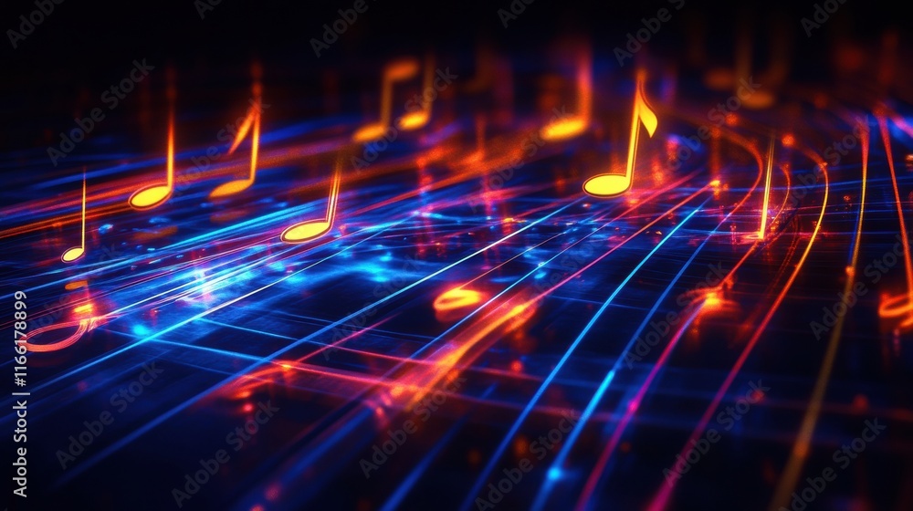 Floating musical notes create a vibrant glow on flowing neon staff lines against a dark backdrop. Generative AI Floating musical notes create a vibrant glow on flowing neon staff lines against a dark backdrop. Generative AI