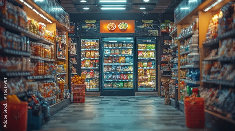 Wide aisle view of a grocery store with fresh products Wide aisle view of a grocery store with fresh products