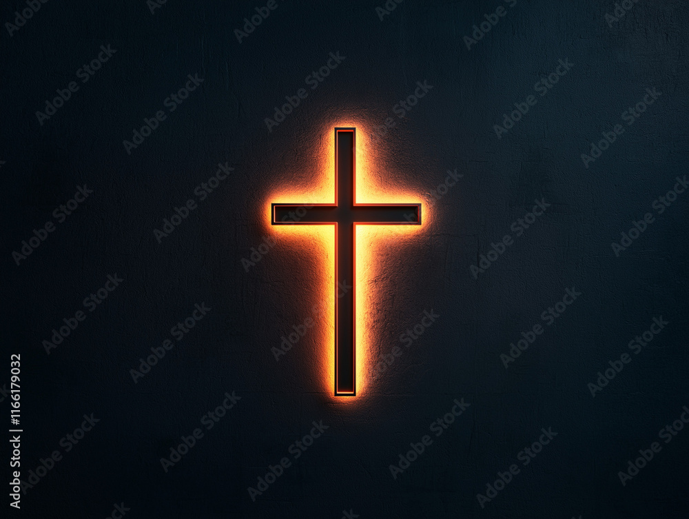 Fototapeta premium Neonkreuz leuchtet an einer minimalistischen Wand in dunkler Umgebung 