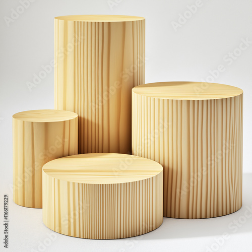 Four empty round wooden pedestals of different sizes displaying products on white background photo