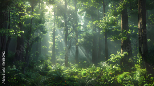 Silent Majesty: Morning Light in an Enchanted Forest with Towering Trees and Lush Green Canopies photo