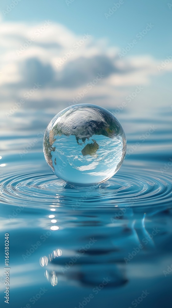 Clear glass sphere reflects earth on blue water surface. Ripples form on water. Blue sky background with clouds. Beautiful eco concept. Global eco image. Globe design. Transparent water. Clean Clear glass sphere reflects earth on blue water surface. Ripples form on water. Blue sky background with clouds. Beautiful eco concept. Global eco image. Globe design. Transparent water. Clean