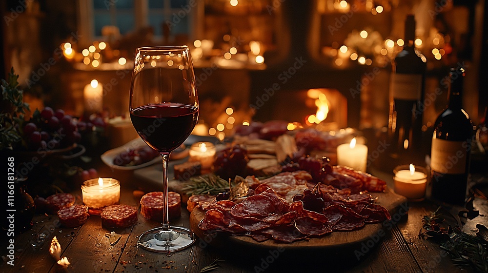 Romantic dinner with red wine, charcuterie, and candles. Romantic dinner with red wine, charcuterie, and candles.