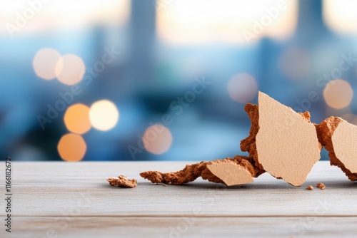 Unique arrangement of natural wood bark pieces on a softly blurred city backdrop during twilight photo