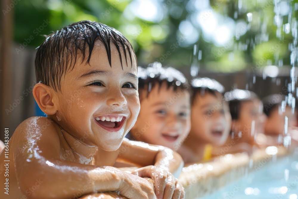 Joyful children enjoying a sunny day at the swimming pool with laughter and splashes Joyful children enjoying a sunny day at the swimming pool with laughter and splashes