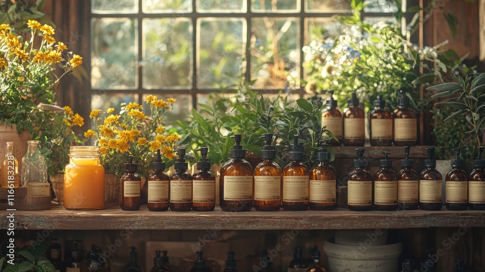 Rustic shelves with herbal products Rustic shelves with herbal products