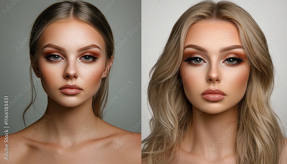 Makeup transformation emphasizing enhanced features and flawless skin Makeup transformation emphasizing enhanced features and flawless skin