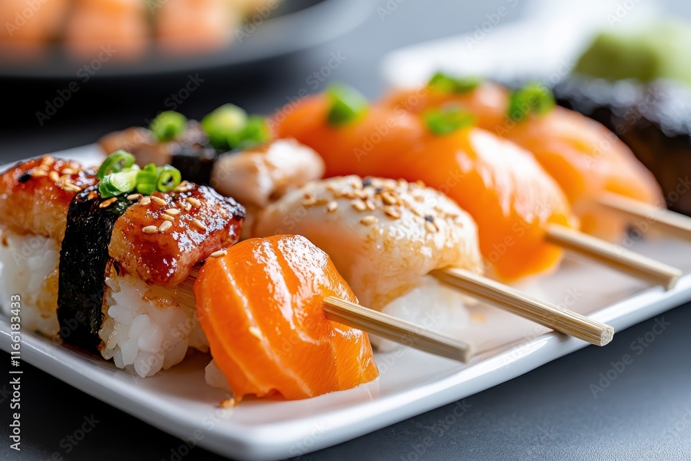 Freshly prepared sushi delights with vibrant colors and flavors at a modern dining table Freshly prepared sushi delights with vibrant colors and flavors at a modern dining table