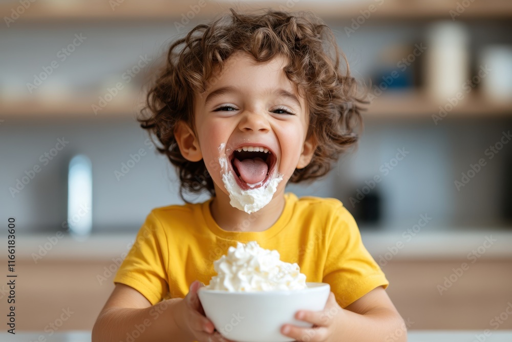 Joyful child delighting in whipped cream while laughing in a cozy kitchen during a sunny afternoon Joyful child delighting in whipped cream while laughing in a cozy kitchen during a sunny afternoon
