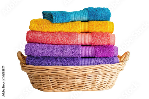 Brightly colored towels stacked in a woven basket on a neutral background
