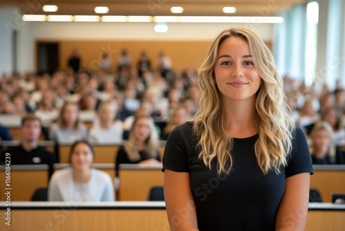 Engaging student takes center stage in busy university lecture hall filled with eager learners photo