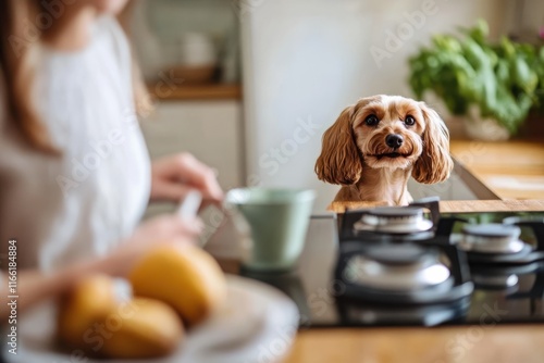 Lovable dog gazes hopefully at owner while she prepares breakfast in a cozy kitchen photo