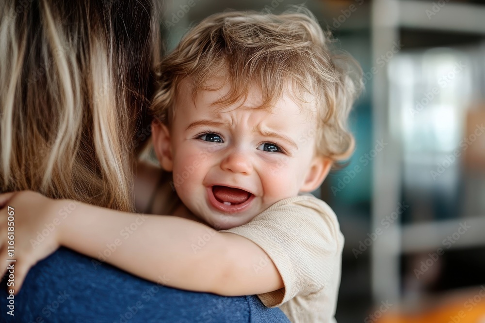 Bittersweet moment of a toddler clinging to a caregiver with tears of emotion in a vibrant indoor setting Bittersweet moment of a toddler clinging to a caregiver with tears of emotion in a vibrant indoor setting