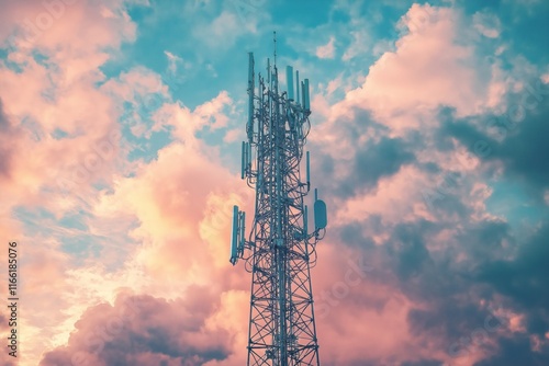 Massive telecommunication tower stands tall against dramatic sky. Colorful clouds fill sky. Tech equipment, antennae mounted on tower structure. Wireless communication infrastructure. High-tech