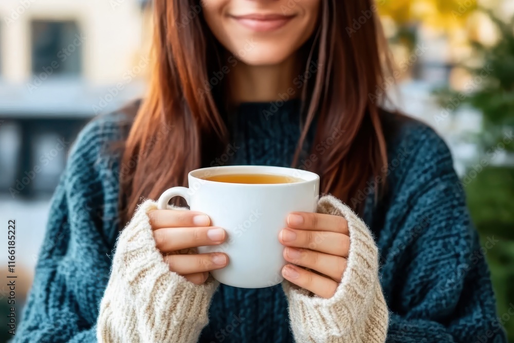 Enjoying a warm cup of tea while wrapped in a cozy sweater amidst a beautiful outdoor setting in autumn Enjoying a warm cup of tea while wrapped in a cozy sweater amidst a beautiful outdoor setting in autumn