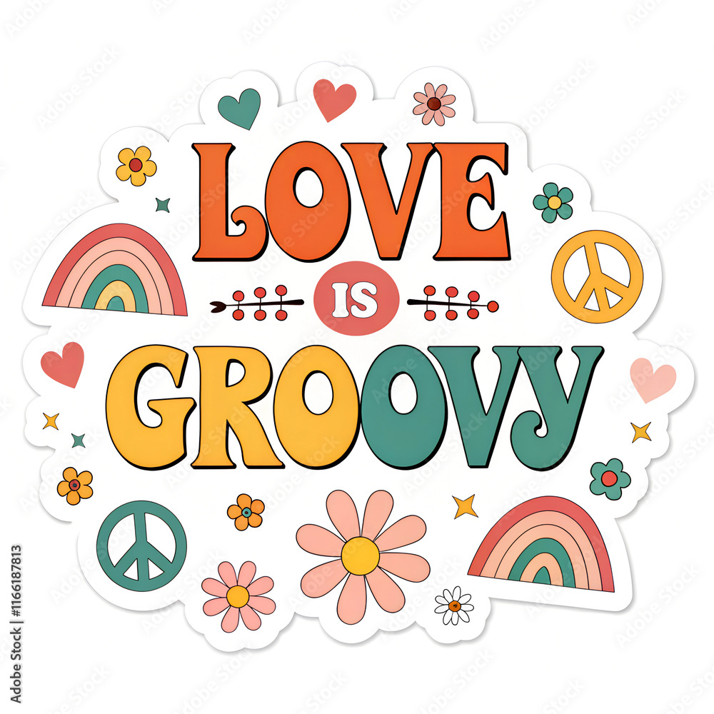 Retro-Style Sticker with 1970s-Inspired Typography and Love is Groovy Text on White Retro-Style Sticker with 1970s-Inspired Typography and Love is Groovy Text on White