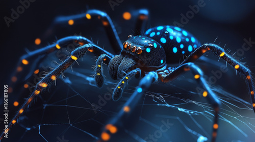 A black widow of blue glowing dots. Spider vector illustration photo