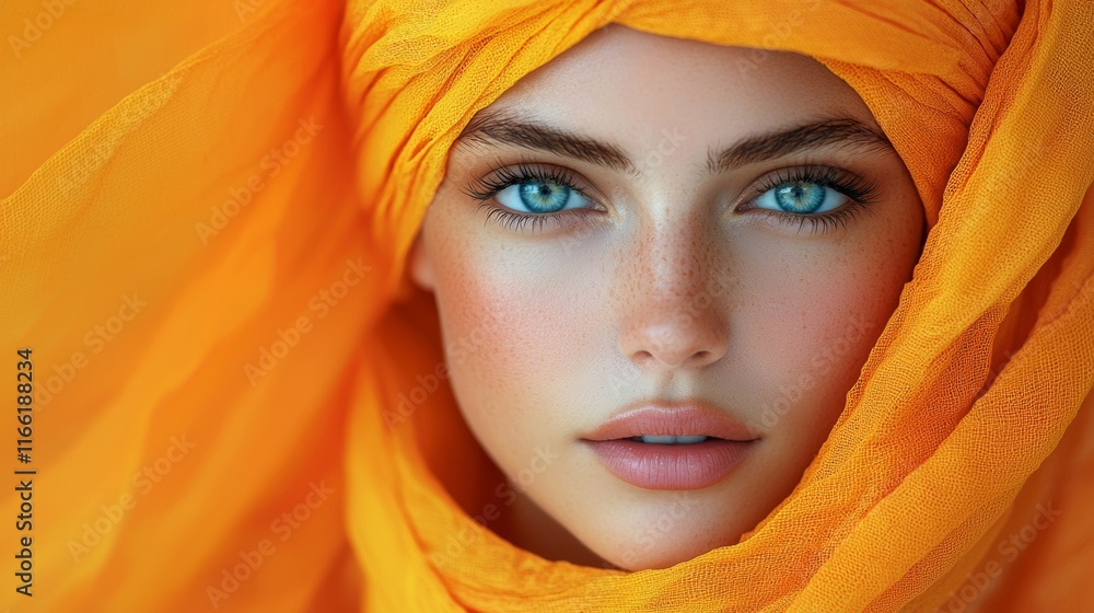 Woman in vibrant orange headscarf with blue eyes Woman in vibrant orange headscarf with blue eyes