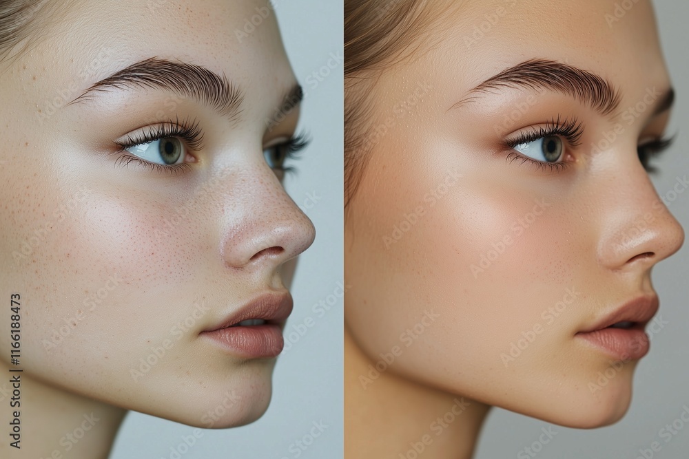 Side-by-side visual a face before and after professional makeup application Side-by-side visual a face before and after professional makeup application