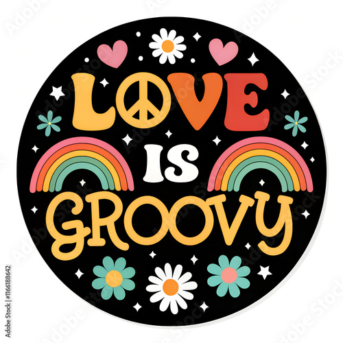 a retro-style sticker with 1970s-inspired typography and colors. Use bold letters that spell Love is Groovy, on white (