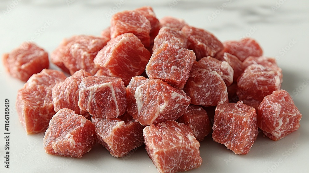 Diced raw meat pieces arranged on a surface. Diced raw meat pieces arranged on a surface.
