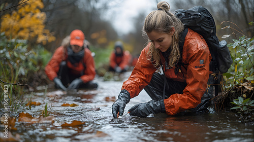 Scientists collecting water samples in a forest stream.
