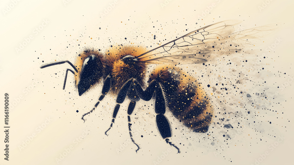 Fototapeta premium The bee consists of points, lines and triangles. The polygon shape in the form of a silhouette of a bee on a dark background. Vector illustration.