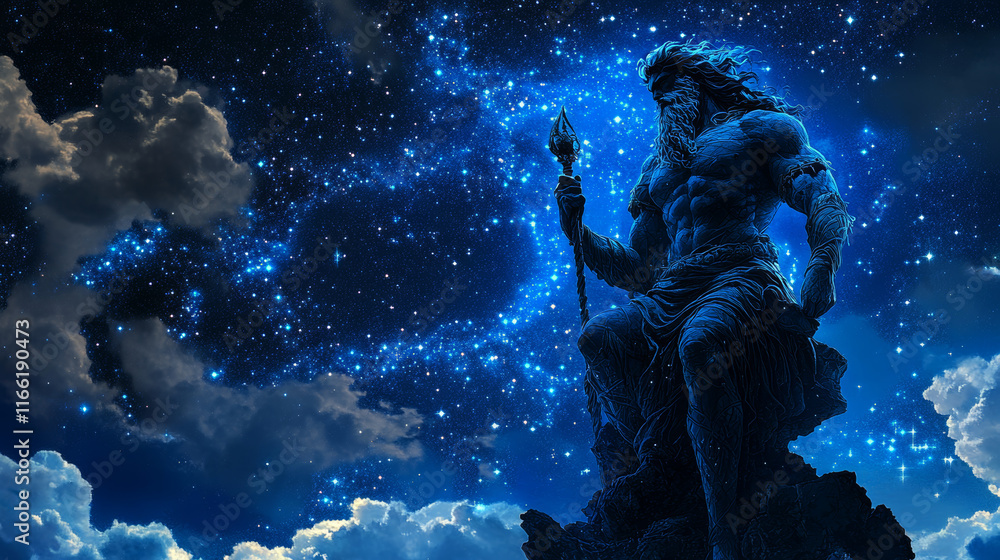 Naklejka premium Poseidon. A grid of blue stars in the night sky. Points of light create the form of Poseidon