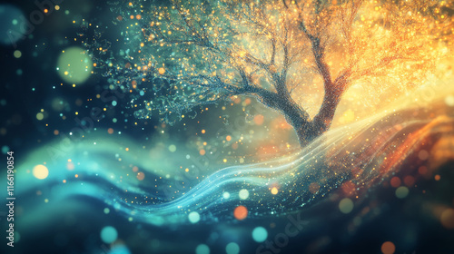 The tree of particles. Tree wind tears of small circles and dots. vector illustration