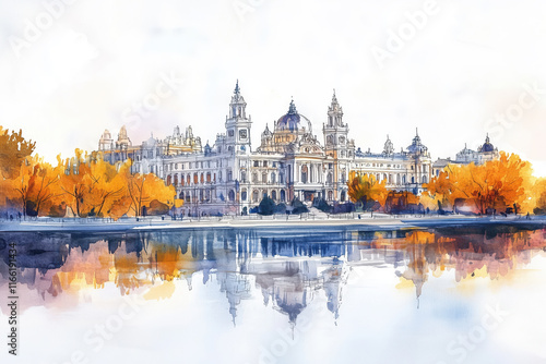 Watercolor illustration of Madrid palace with autumn reflections