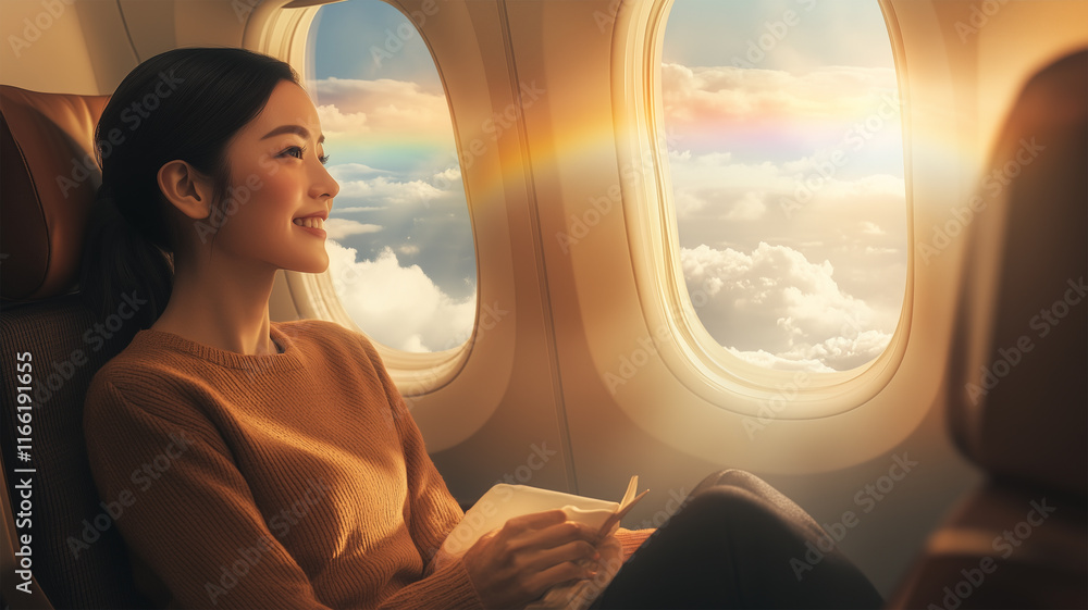 雲間の虹を見つめる日本人女性 雲間の虹を見つめる日本人女性